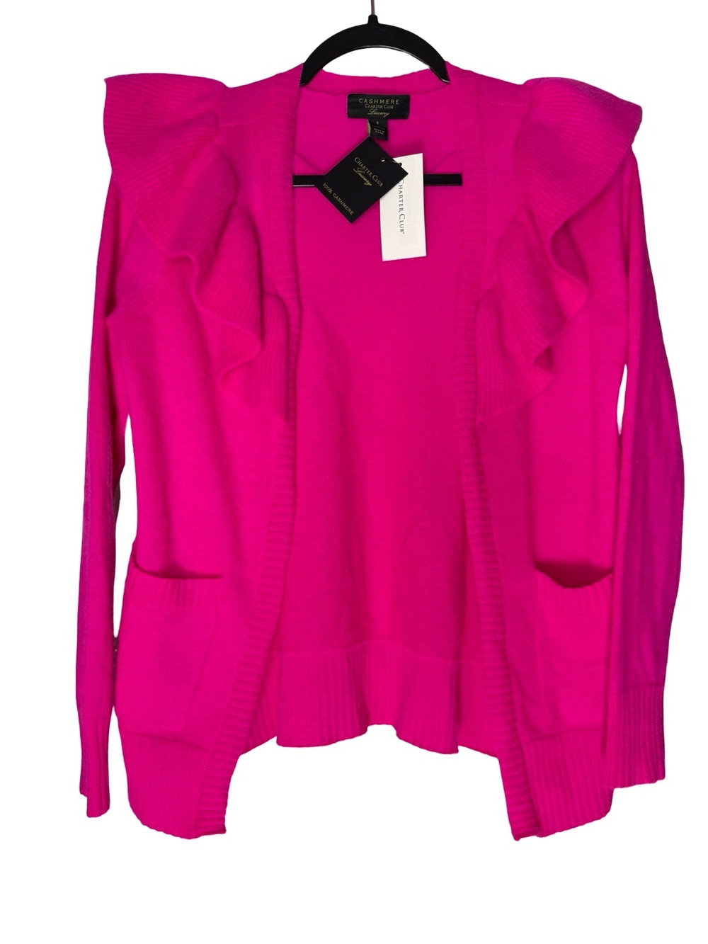 Charter Club Cashmere Ruffle Open Cardigan Small Pink Coquette Quiet Luxury NWT